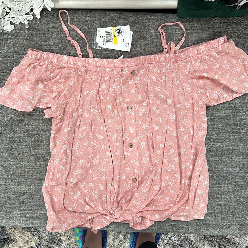Hippie Rose Pink floral tie front off the shoulder top